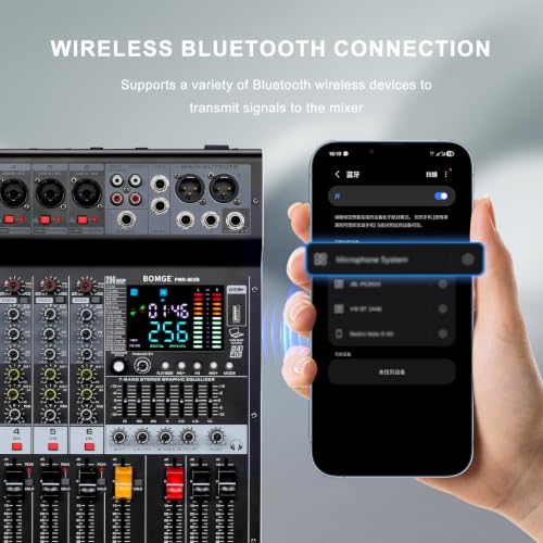 BOMGE Powr Mixers Audio, 6Channel Power Sound Mixer Amplifier 2 * 400W Dj Mixer Board withUSB, 6 X Mic Pres, +48V, Bluetooth, 256 Kinds of DSP for Speakers,concert party, karaoke studio