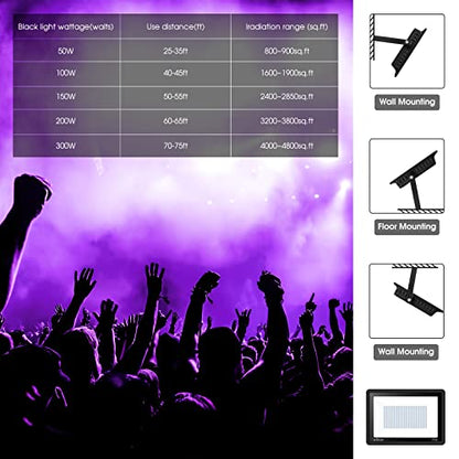 YANYCN 200W 4 Pack LED Black Light, Outdoor Blacklight Flood Lights with Plug and Switch, IP66 Rated for Glow in The Dark, Halloween Party, Body Paint, Aquarium - size: 4pack 200W led black light