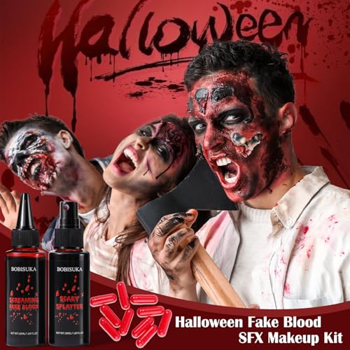 BOBISUKA Halloween Fake Blood Kit, 1.76oz Blood Spray + 1.76oz Dripping Blood + 10 Fillable Empty Capsules, Realistic Washable Fake Blood Makeup for Mouth Clothes Zombie Vampire Monster SFX Cosplay - color: Blood Spray + Dripping Blood + Empty Capsules