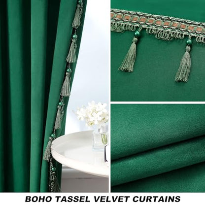 Dark Green Blackout Velvet Curtains 72 inch Length Windows Rod Pocket Drapes with Tassels Soundproof Thermal Curtains for Living room 2 Panels Set 52" x 72" | Velvet Drapes with Tassels, Thermal Soundproof Blackout Curtains for Living Room - color: Dark G