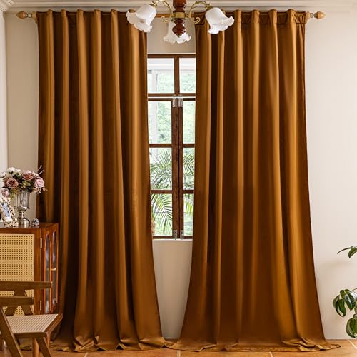 YOFUN 90 inches 2 Panels, Golden Brown Blackout Luxury Velvet Curtains Thermal Insulated Heat Block Soundproof Window Panels Soft Drapes for Bedroom Living Room, Rod Pocket & Back Tab, W52 x L90 - color: Golden Brown, size: 52"W x 90"L (Pack of 2)