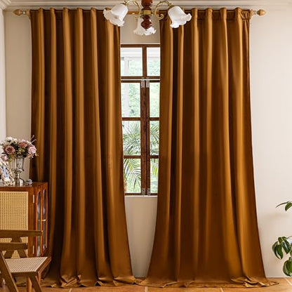 YOFUN 90 inches 2 Panels, Golden Brown Blackout Luxury Velvet Curtains Thermal Insulated Heat Block Soundproof Window Panels Soft Drapes for Bedroom Living Room, Rod Pocket & Back Tab, W52 x L90 - color: Golden Brown, size: 52"W x 90"L (Pack of 2)