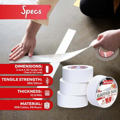 XFasten White Gaffers Tape 2 Inch x 30 Yards, Residue-Free Strong Adhesion (4-Pack 360-feet Total) Non-Reflective Cloth Matte White Tape for Walls, Cords, Bookbinding, Console, Photography - size: 2 Inches x 30 Yards (4-Pack 360-Feet)