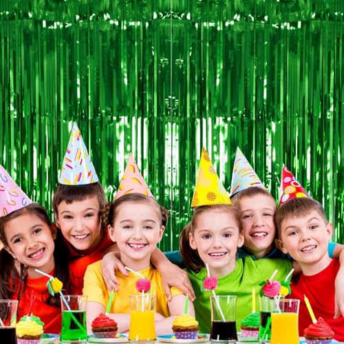 PIGETALE 2 Pack 3.2Ft x 8.2Ft Green Tinsel Curtain Party Backdrop | Metallic Tinsel Foil Fringe Curtains Photo Booth Props Background Christmas St Patrick’s Day Safari Tropical Decorations - color: Metallic Gren