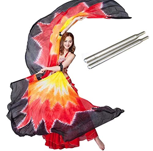 KIKIGOAL 100% Silk Belly Dance ISIS Wings Scarf Veil Fan with Telescopic Stick for Halloween Carnival Performance 1.4x2.7cm - color: Gradual Red