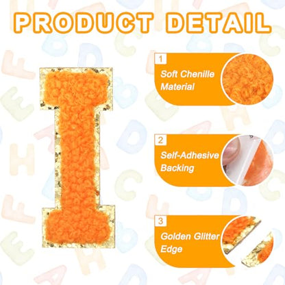 MECCANIXITY Chenille Letter Patches 2.2" Self Adhesive Alphabet I Stick on Embroidered Patch Sew on Letter Stickers Applique for Repairing Clothing Jeans Shoes Hats DIY(Orange, Pack of 2) - style: Letter-I