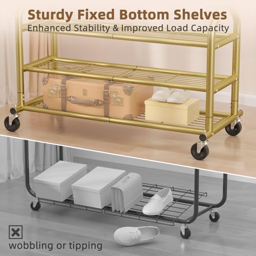 EAGMAK Heavy Duty Clothes Rack Load 688 LBS, Rolling Clothing Rack With 3 Shelves, Adjustable Metal Clothes Hanger with Wheels Portable Wardrobe Organizer Garment Rod for Hanging Clothes (Gold) - color: Gold, style: 3 Shelves