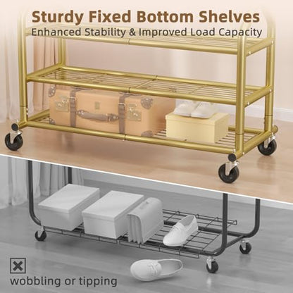 EAGMAK Heavy Duty Clothes Rack Load 688 LBS, Rolling Clothing Rack With 3 Shelves, Adjustable Metal Clothes Hanger with Wheels Portable Wardrobe Organizer Garment Rod for Hanging Clothes (Gold) - color: Gold, style: 3 Shelves