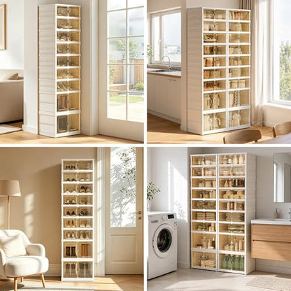Foldable Shoe Rack Set of 2, 9 Tier Collapsible Shoe Rack with Magnetic Doors, Large Capacity Clear Display Cabinet with Wheels for 18 Pairs, Apartment Entryway - size: 9 Layers-A