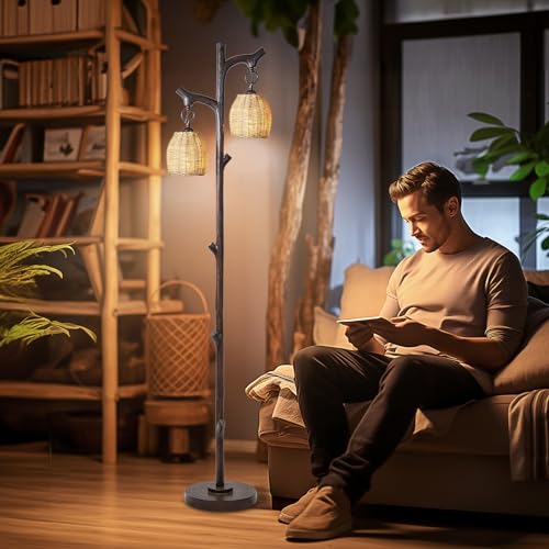 Scenekoy 68" Tall Floor Lamp with Wicker Drum Shade, Foot Switch Dimming - color: Dark Bronze