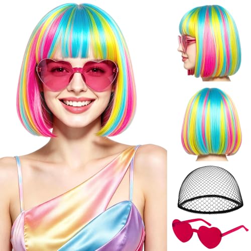 Short Bob Straight Hair Wigs with Bangs, Synthetic Fiber Colorful Hair, Heart-shaped Sunglasses for Women (Rainbow) - color: Rainbow
