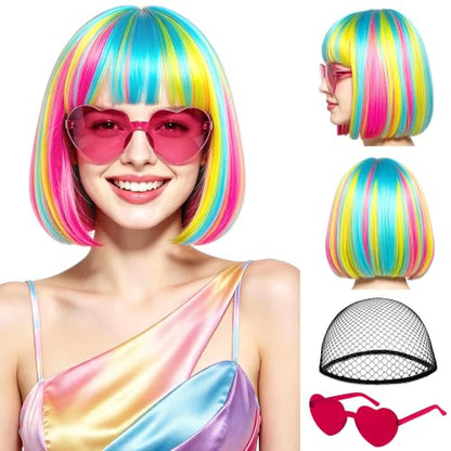 Short Bob Straight Hair Wigs with Bangs, Synthetic Fiber Colorful Hair, Heart-shaped Sunglasses for Women (Rainbow) - color: Rainbow