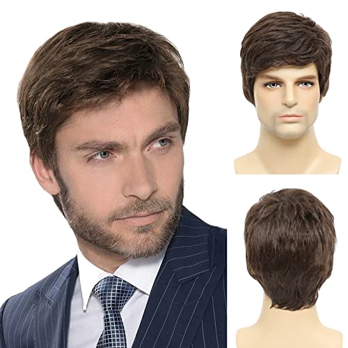 Mens Brown Wig, Short Brown Men Wig Layered Natural Hair Full Synthetic Wigs for Halloween Male Guy - color: Brown