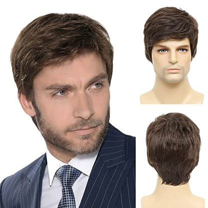 Mens Brown Wig, Short Brown Men Wig Layered Natural Hair Full Synthetic Wigs for Halloween Male Guy - color: Brown