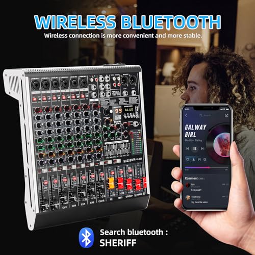 8 Channel Audio Mixer Professional Sound Mixing Board with 99 DSP Effects, 7-band EQ Digital DJ Mixer Console w/USB Bluetooth MP3 for Recording, Independent 48V Power & Mute Button - size: 8 Channel - 13.8inch