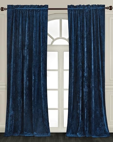 Chezmoi Collection Lux Navy Blue Crushed Velvet Curtains 2 Panel Set - 84 inches Long Room Darkening Luxury Distressed Velvet Rod Pocket Window Drapes for Living Room Bedroom 50" W x 84" L - color: Navy Blue