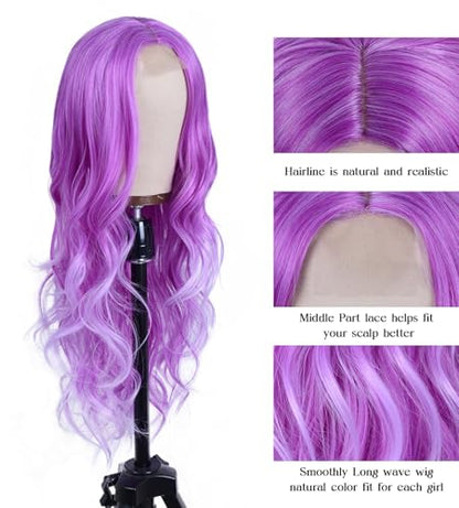 Aida ble Long Wavy Lavender Purple Wig for Women 26inch Middle Part Wig | Natural Looking Synthetic Hair,Suitable for Daily Wear,Party,Halloween and Cosplay,Beginner-friendly,Lightweight and soft - color: Purple One piece