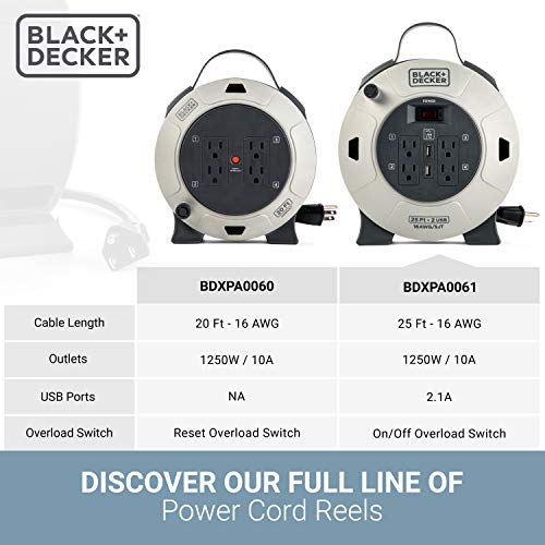 BLACK+DECKER 25 Ft. Retractable Extension Cord Reel with 4 Outlets, 2 USB Ports, Multi-Plug Extension, On/Off Switch & Heavy-Duty 16AWG SJT Cable (Pack of 2) - size: 25 ft (Pack of 2)