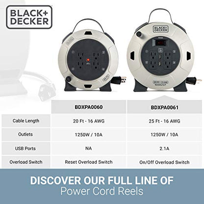 BLACK+DECKER 25 Ft. Retractable Extension Cord Reel with 4 Outlets, 2 USB Ports, Multi-Plug Extension, On/Off Switch & Heavy-Duty 16AWG SJT Cable (Pack of 2) - size: 25 ft (Pack of 2)
