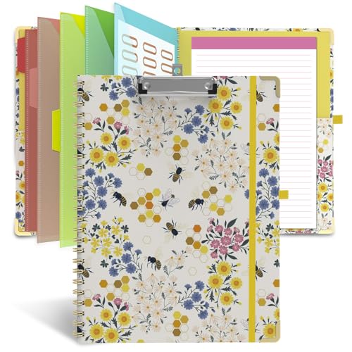 Clipboard Folio with Storage 8.5" X 11", Folder with 10 Pockets for Letter Size, Padfolio Organizer with Refillable Lined Notepad, Spiral Clipboards for School Office & Nursing -Yellow Beehive - color: Yellow Beehive