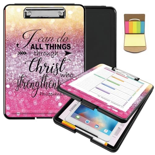 Clipboard with Storage,Heavy Duty Clip Boards 8.5X11 with Storage Pen Holder,Plastic Nursing Clipboards Foldable, A4 Legal Size Coaches Nurse Clipboard Folder- I can do All Thing Through Christ Pink - color: I Can Do All Thing Through Christ Pink
