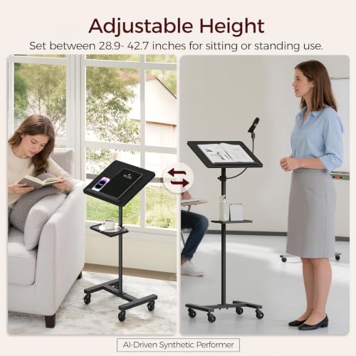 MAHANCRIS Podium Stand with Microphone Stand, Standing Desk and Laptop Desk with Storage Tray, 28.9-42.7 Inch Adjustable Height Portable Lectern for Classroom, Conference Room, Black LPBK4001 - color: Black