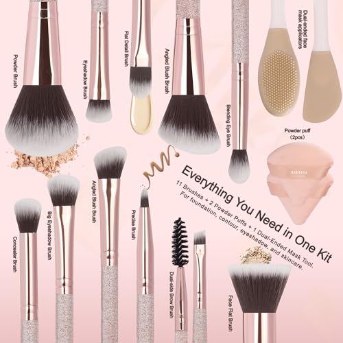 Pink Makeup Brushes Set 14 Pcs Professional, Synthetic Foundation Concealer Powder Blush Eyeshadow Brushes with 2 Powder Puffs & Dual-ended Mask Applicator, Gifts for Women Teen Girls - color: Pink
