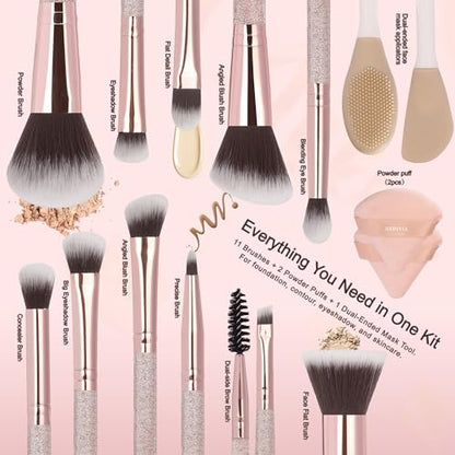 Pink Makeup Brushes Set 14 Pcs Professional, Synthetic Foundation Concealer Powder Blush Eyeshadow Brushes with 2 Powder Puffs & Dual-ended Mask Applicator, Gifts for Women Teen Girls - color: Pink