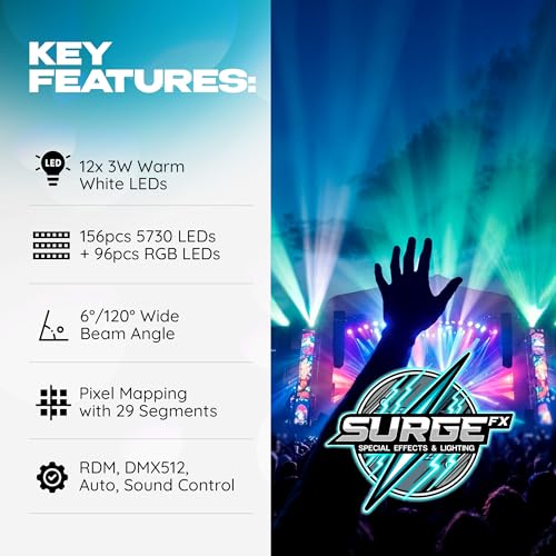 SurgeFX SF-WM312 LED Wash Matrix Bar Light, DMX RGB Pixel Control Stage Lighting Bar with Warm White LEDs, Sound Activated DJ Light for Concerts, Clubs, Weddings and Event Lighting