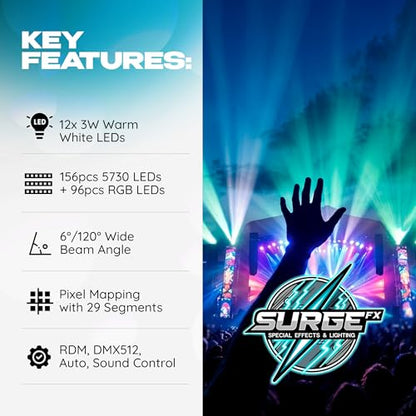 SurgeFX SF-WM312 LED Wash Matrix Bar Light, DMX RGB Pixel Control Stage Lighting Bar with Warm White LEDs, Sound Activated DJ Light for Concerts, Clubs, Weddings and Event Lighting