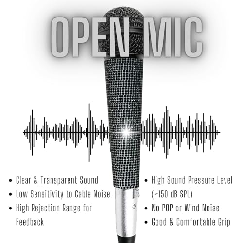 Black Vocal Microphone with XLR Cable and Silver Rhinestone Sleeve | Wired Mic Focuses Vocals With Cardioid Pickup; 11.5-Ft Lead with Silver Mic Cover and Grill Band Suit Karaoke Or Parties