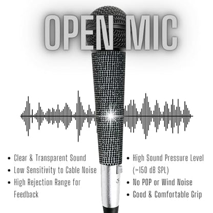 Black Vocal Microphone with XLR Cable and Silver Rhinestone Sleeve | Wired Mic Focuses Vocals With Cardioid Pickup; 11.5-Ft Lead with Silver Mic Cover and Grill Band Suit Karaoke Or Parties
