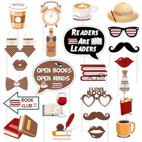 Sursurprise Book Club Party Decorations, 24Pcs Book Club Photo Props, Reading Book Photo Props Decor for Book Lover Birthday Library Party Supplies