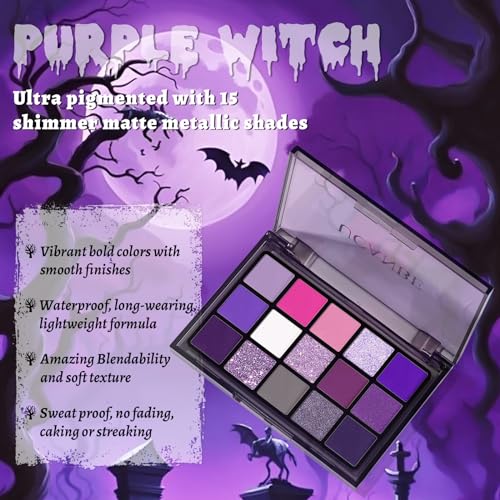 UCANBE Halloween Makeup Kit – 15-Color Purple Eyeshadow Palette, White Liquid Foundation, Purple Liquid Lipstick, Black Eyeliner, Setting Powder & Sponges Makeup Set for Cosplay Witch Devil Sorceress - color: Purple Makeup Kit