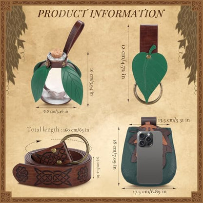 Women Renaissance Accessories Leather Belt Pouch Medieval Viking Skirt Hikes Renaissance Leaf Cosplay for Halloween - color: Bottle Set-brown Green