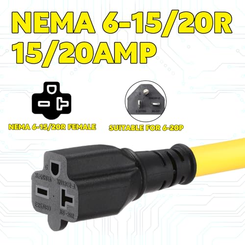 10 ft Nema 6-20 Extension Cord, Nema 6-20p Male Plug to 6-20r/6-15r Female Receptacle, 20 Amp T-Blade Outlet Extension Power Cord with Waterproof Sockets, Heavy Duty 12/3 Awg, 250v, 5000w - size: 10 ft
