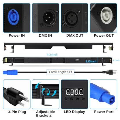 Stage Strobe Lights Bar,240W 448 LED RGBWA 5IN1 Stage Wash&Strobe DJ Light Bar DMX RDM Sound Activated 224 RGB Zones&224 Amber&White Chasing Effects for Stage Parties DJ Club Disco Wedding