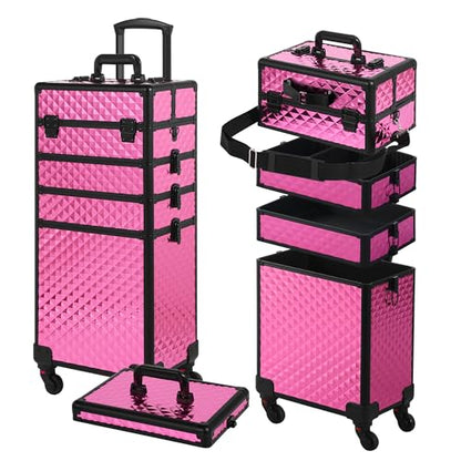 Somduy Rolling Makeup Case, Makeup Train Case with Lid, 5 in 1 Cosmetology Case on Wheels, Christmas Gift, Large Makeup Organizers, Profesional Cosmetic Case for Salon Barber, Rose Red - color: Rose Red