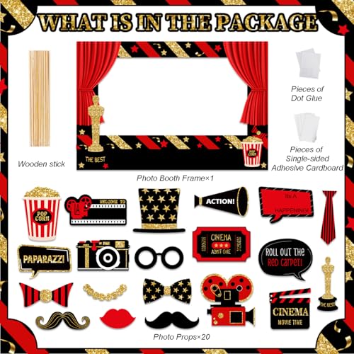 Movie Night Theme Party Decorations Now Showing Photo Booth Props for Movie Theater Themed Red Carpet Birthday Party Favors Supplies, 21 Pieces