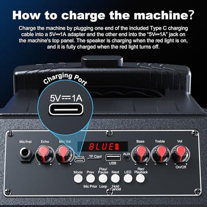Karaoke Machine with 2 Wireless Microphones, Rolling Wheels and Trolley | 8800mAh Portable Bluetooth Speaker, PA System with Lights, Adjustable Bass/Treble/Echo for Parties, Indoor and Outdoor Use