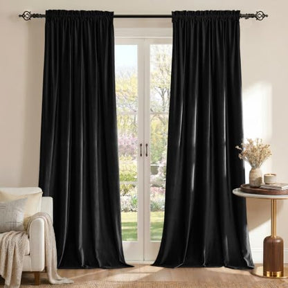 Black Velvet Curtains 96 inches for Living Room Luxury Room Darkening Noice Reducing Curtain Elegant Bedroom Thermal Insulated Modern Heavy Soft Soundproof Rod Pocket Window Drapes Set of 2 Panels - color: Black, size: 52"W x 96"L (Pack of 2)