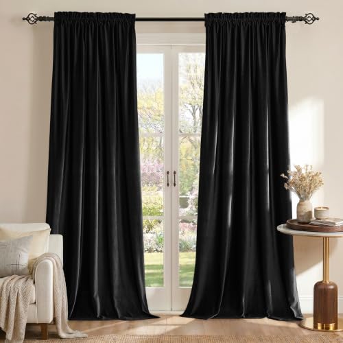 Black Velvet Curtains 120 inches for Living Room Luxury Room Darkening Noice Reducing Curtain Elegant Bedroom Thermal Insulated Modern Heavy Soft Soundproof Rod Pocket Window Drapes Set of 2 Panel - color: Black, size: 52"W x 120"L (Pack of 2)