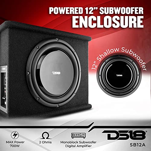 DS18 SB12A 12 Inches Shallow Subwoofer Enclosure with Built in Amplifier – Car Audio All in One Amplifier and Subwoofer Bass Package 700 Watts Power – Great Stealth Car Subwoofer in Box with Amp - style: 12-Inch