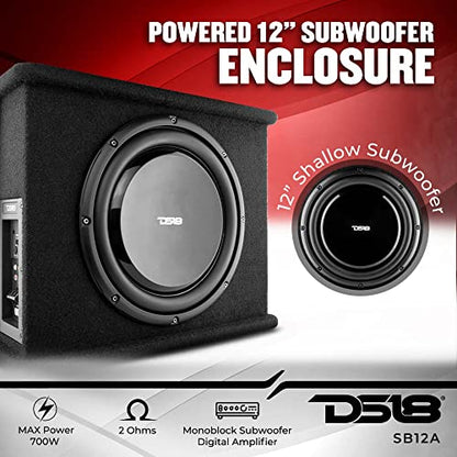 DS18 SB12A 12 Inches Shallow Subwoofer Enclosure with Built in Amplifier – Car Audio All in One Amplifier and Subwoofer Bass Package 700 Watts Power – Great Stealth Car Subwoofer in Box with Amp - style: 12-Inch