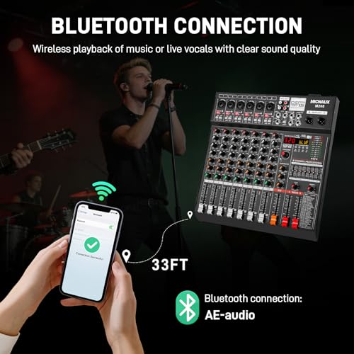 Audio Mixer 8 Channel Professional Sound Console Music Mixer with 320 DSP Effects, 7-band EQ DJ Mixing Board w/USB, Bluetooth, 48V Power Supply, PAD Button for Recording Karaoke PA Drum Live - size: 8 Channel - 13.3in
