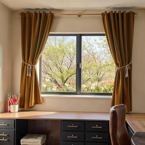Lazzzy Blackout Golden Brown Velvet Curtains Rod Pocket 52×72 Inch 2 Panels | Soft Velvet, For Small Windows, Kitchens & Bathrooms, Light Shifting Texture, Elegant Luxury Drape, Rich, Rod Pocket - color: R | Gold Brown, size: 52"W x 72"L (Pack of 2)