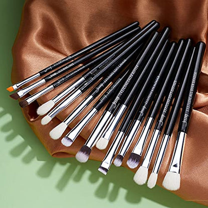 Jessup Eye Makeup Brushes Set Professional for Eyeshadow Eyeliner Brow T177 | 15pcs Labeled Brush Set, Mixed Goat-Synthetic Hair, Sharp Definition, Creates Smoky & Natural Eye Looks, for Makeup Lover - color: Pearl Black/Silver