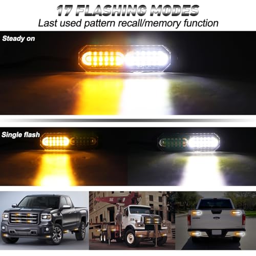 ASPL 8pcs Sync Feature Ultra Slim 12-LED Surface Mount Flashing Strobe Lights for Truck Car Vehicle LED Mini Grille Light Head Emergency Beacon Hazard Warning Lights (Amber/White) (Pack of 2) - color: Amber/White, size: 4.41L x 0.44W x 1.14H Inch (Pack of