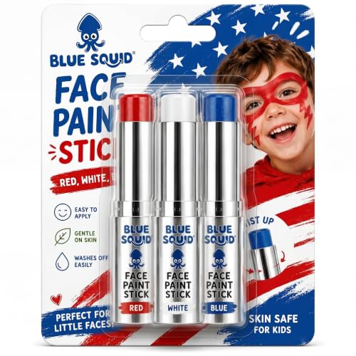 Blue Squid Red, White & Blue Face Paint Stick - Water based Body Paint for Adults & Kids - Vegan Hypoallergenic Twist-Up Non-Toxic Makeup Stick for Cosplay, & SFX (Red, White & Blue) - color: Red, White & Blue