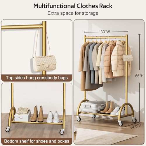 MISSLO Heavy Duty Clothing Rack with Wheels Rolling Clothes Racks for Hanging Clothes, Coats, Garment, Dress, Gold, 30" W - color: Gold, size: 30"W x 14.8"D x 66"H (Small)